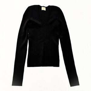 Torn by Ronny Kobo Stretch Black Ribbed V-Neck Long Sleeve Top Size XS